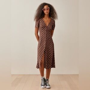 Reformation Brown Polka Dot Midi Dress